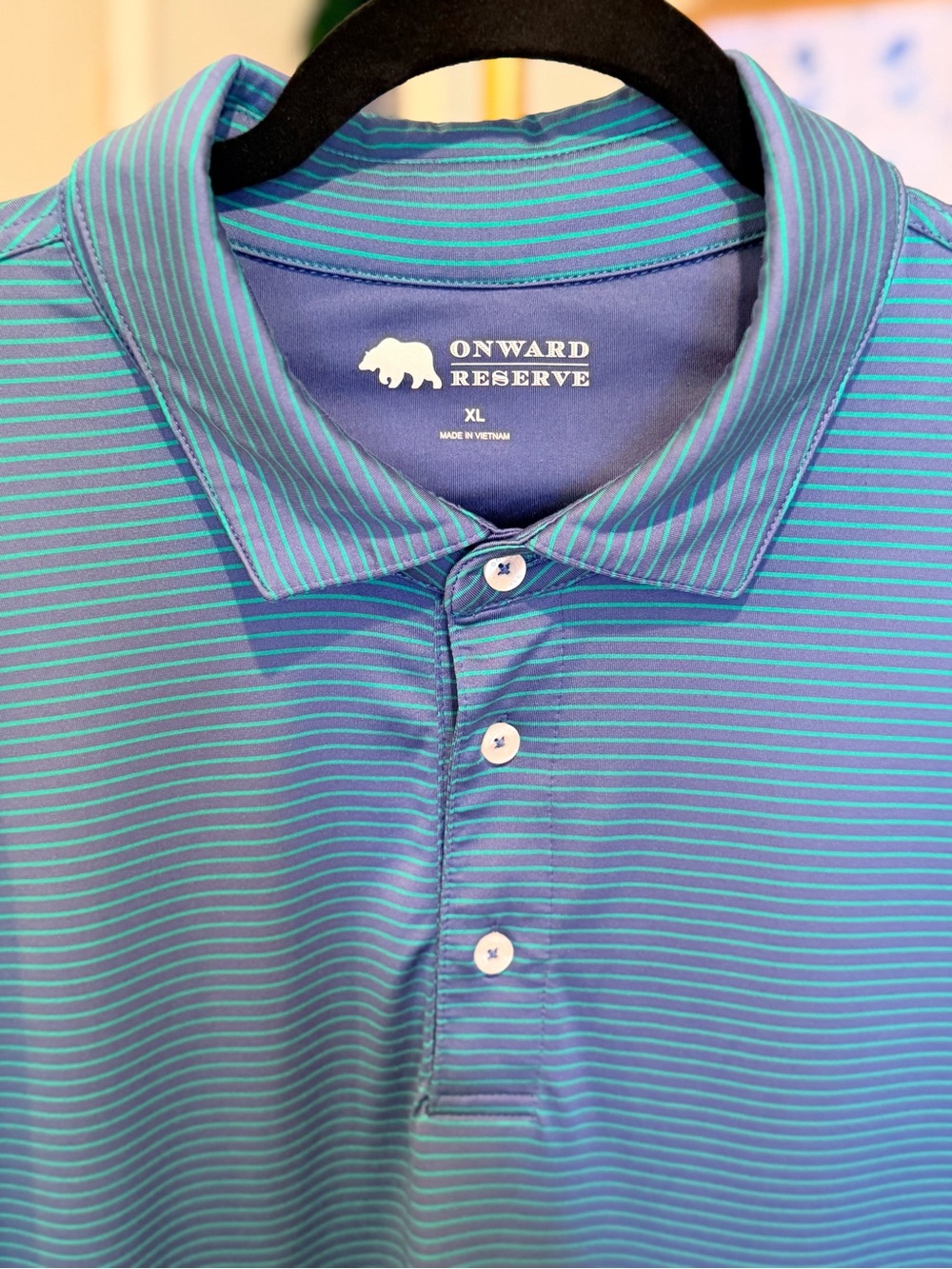 Onward Reserve Navy Blue & Teal Striped Performance Polo Shirt Size XL